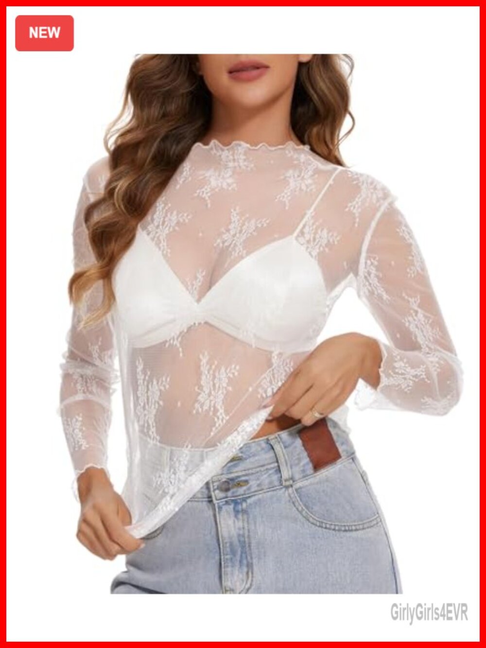 Lace Mesh Long Sleeve Top Floral Sheer Blouse Mock Neck Ruffle Hem